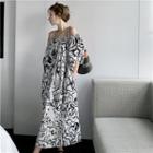 3/4-sleeve Off Shoulder Print A-line Dress
