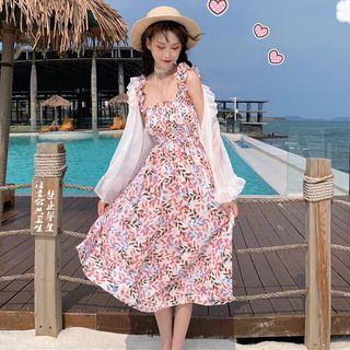 Open Front Light Jacket / Leaf Print Midi Spaghetti Strap Dress