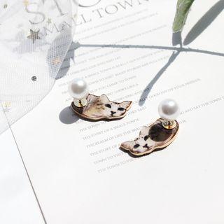 Faux Pearl Cat Print Earring 1 Pair - Cat - One Size