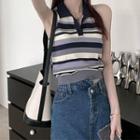 Halter-neck Striped Collared Top Stripes - Blue & White & Black - One Size