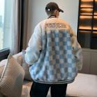 Letter Embroidered Checkered Faux Shearling Jacket