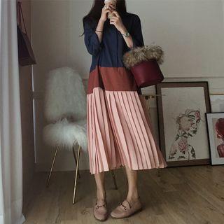 Elbow-sleeve Color Block Midi Pleated Dress As Shown In Figure - One Size