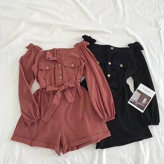 Plain Off-shoulder Long-sleeve Playsuits