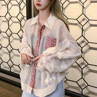 Tweed Panel Fringed Shirt As Shown In Figure - One Size