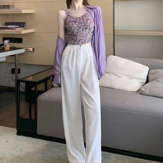 Plain Shirt / Floral Print Camisole Top / High-waist Wide-leg Pants