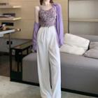Plain Shirt / Floral Print Camisole Top / High-waist Wide-leg Pants