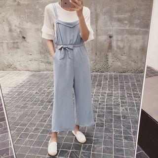 Set: Crew-neck Short-sleeve Top + Cropped Wide-leg Jumpsuit