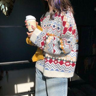 Geometric Pattern Sweater White - One Size