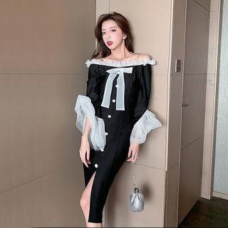 Mesh Trim Ribbon Bell-sleeve Sheath Dress