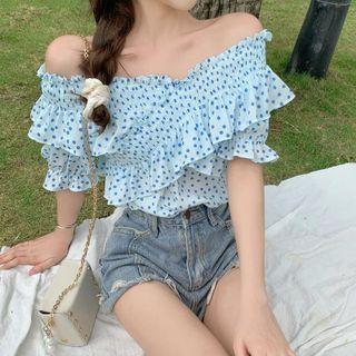 Off-shoulder Dotted Ruffle Trim Chiffon Top