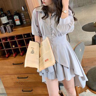 Set: 3/4-sleeve Asymmetric Hem Blouse + Skort
