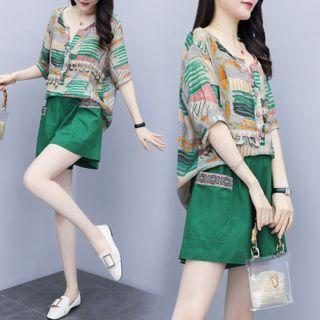 Set: Color Block Blouse + Wide Leg Shorts