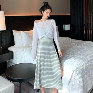 Spaghetti-strap Striped Dress / Long-sleeve Plain T-shirt
