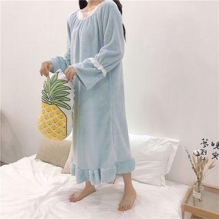 Lace-hem Flannel Long-sleeve Sleep Dress