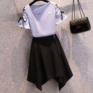 Set: Short-sleeve Lace-up Blouse + A-line Skirt