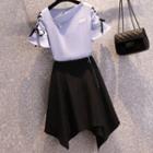 Set: Short-sleeve Lace-up Blouse + A-line Skirt