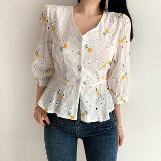 Floral Embroidered Eyelet 3/4-sleeve Blouse