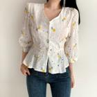 Floral Embroidered Eyelet 3/4-sleeve Blouse
