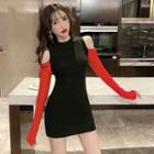 Color Block Long-sleeve Sheath Knit Dress Red - One Size