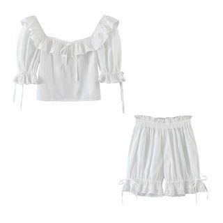 Set: Bell-sleeve Collar Ruffled Blouse + Shorts