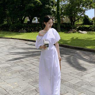 Balloon-sleeve Asymmetric Maxi Dress