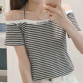 Striped Cut Out Shoulder Short Sleeve T-shirt