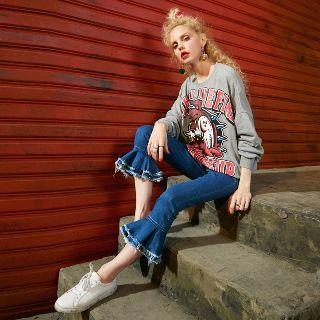 Slim-fit Ruffle Fray Hem Washed Jeans