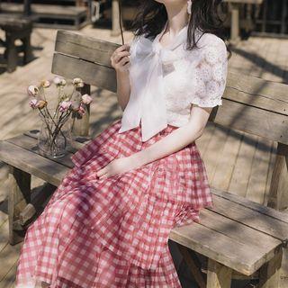 Set: Bow Accent Short-sleeve Blouse + Checked Midi Layered Skirt