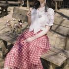 Set: Bow Accent Short-sleeve Blouse + Checked Midi Layered Skirt
