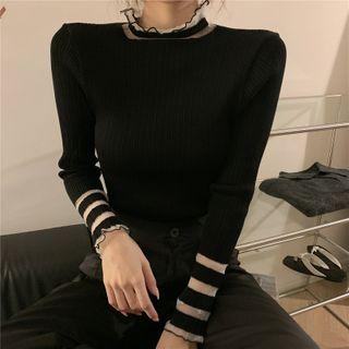 Striped Mesh Panel Knit Top