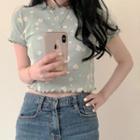 Ruffle-trim Floral Print Cropped T-shirt Mint - One Size