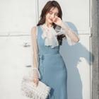 Set: Mesh Long-sleeve Top + V-neck Sleeveless Knitted Dress