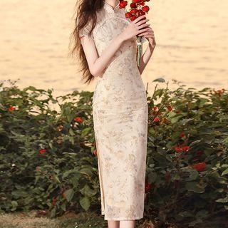 Short-sleeve Beaded Trim Midi Qipao