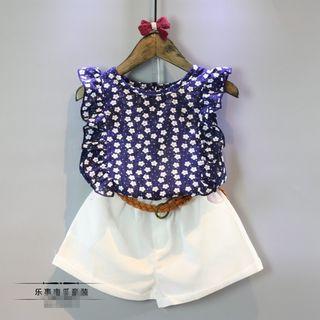 Set: Floral Print Chiffon Tank Top + Plain Shorts