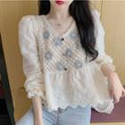Long-sleeve Crocheted Blouse White - One Size
