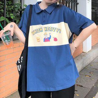 Short-sleeve Two-tone Cartoon Print Polo Shirt
