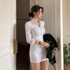 Long-sleeve Henley Mini Shirt Dress White - One Size