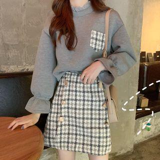 Set : Lace Panel Sweatshirt + High-waist Plaid A-line Skirt