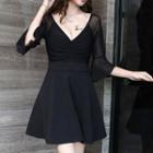 Bell-sleeve Asymmetrical Mini A-line Dress Red - One Size