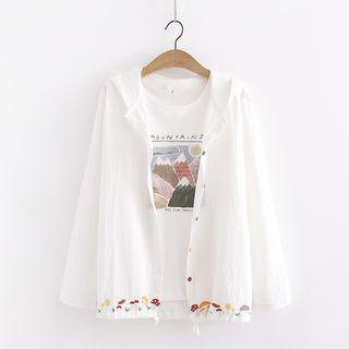Hooded Mushroom Embroidered Shirt / Short-sleeve Mountain Print T-shirt