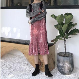 Off Shoulder Long-sleeve T-shirt / Velvet Jumper Midi Dress / Set