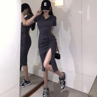 Short-sleeve Hooded Slit Sheath Dress