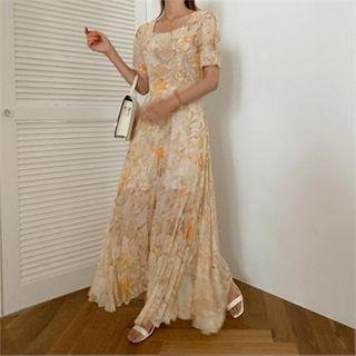 Square-neck Pleated-hem Floral Print Dress Yellow - One Size