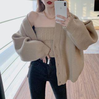 Cardigan / Cable-knit Strapless Top