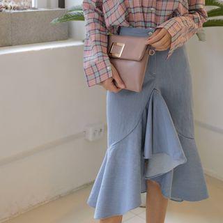 Ruffled-hem Denim Midi Skirt