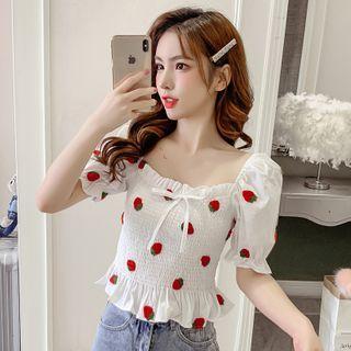 Short-sleeve Fruit Embroidered Smocked Blouse