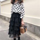 Dotted Shirt / Tiered Midi Skirt