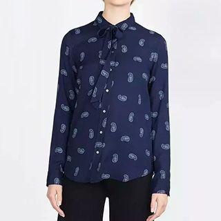 Long-sleeve Tie-neck Printed Blouse