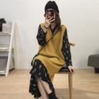 Set: V-neck Knit Vest + Floral Print Long-sleeve Midi A-line Dress