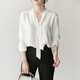 Long-sleeve V-neck Plain Work Blouse
